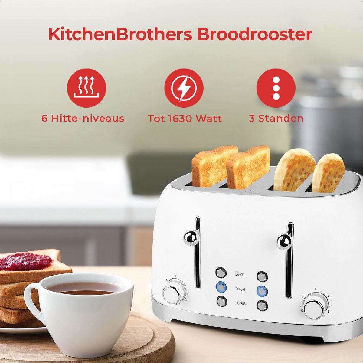 KitchenBrothers Retro Broodrooster - 6 Warmteniveaus - 4 Extra Brede Sleuven - 1630W - Reheat en Ontdooi-functie - Wit