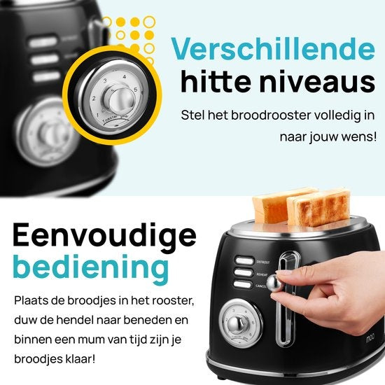 MOA Retro Broodrooster - 6 Warmteniveaus - 2 Extra Brede Sleuven - 850W - Reheat en Ontdooi-functie - Zwart - T3B