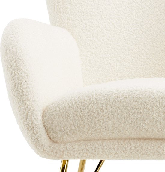 tectake® Swing Schommelstoel – Gestoffeerde Bouclé Fauteuil met Stalen Glijders en Extra Dik Zitkussen – Scandinavisch Design, Onderhoudsvriendelijk en Ergonomisch – creme/goud
