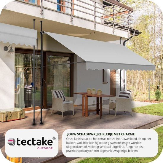 tectake - klemluifel - Zonnescherm – Zonneluifel - Verstelbaar - Klem-zonwering - Zonnescherm Balkon - 350 x 180 cm - lichtgrijs – zonwering - 404967