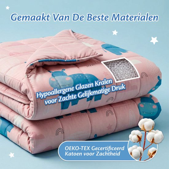 Ella Verzwaringsdeken Kind 3,2kg - OEKO-TEX Katoen Zwaartedeken 100 x 150cm - Weighted Blanket - Verzwaarde Deken Roze Nijlpaard