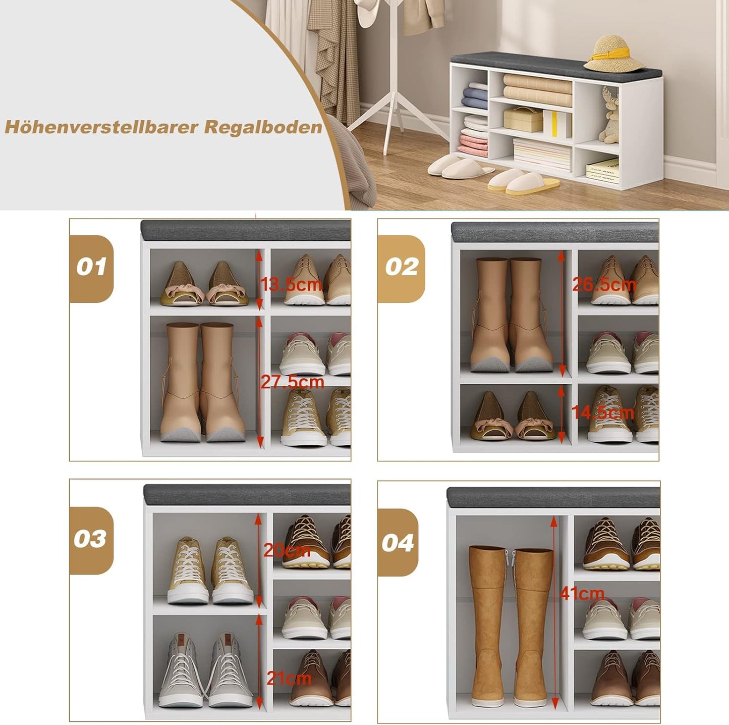 WOLTU Schoenbank Wit - 7 Vakken - 103,5x48x30cm