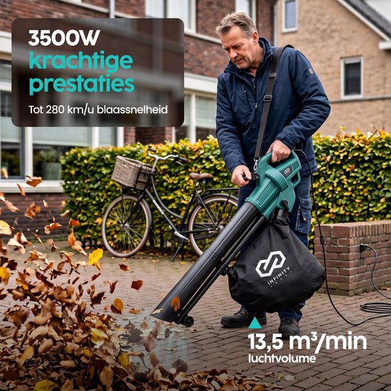 Infinity Goods Elektrische Bladblazer en Zuiger - 3500W - Versnipperfunctie - 45L Opvangzak - Op Snoer - 280 km/u Luchtsnelheid