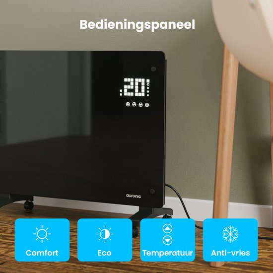 Auronic Elektrische Kachel – Convectorkachel met Thermostaat en Afstandsbediening - Glazen Paneelverwarming - 1500W Heater - Zwart