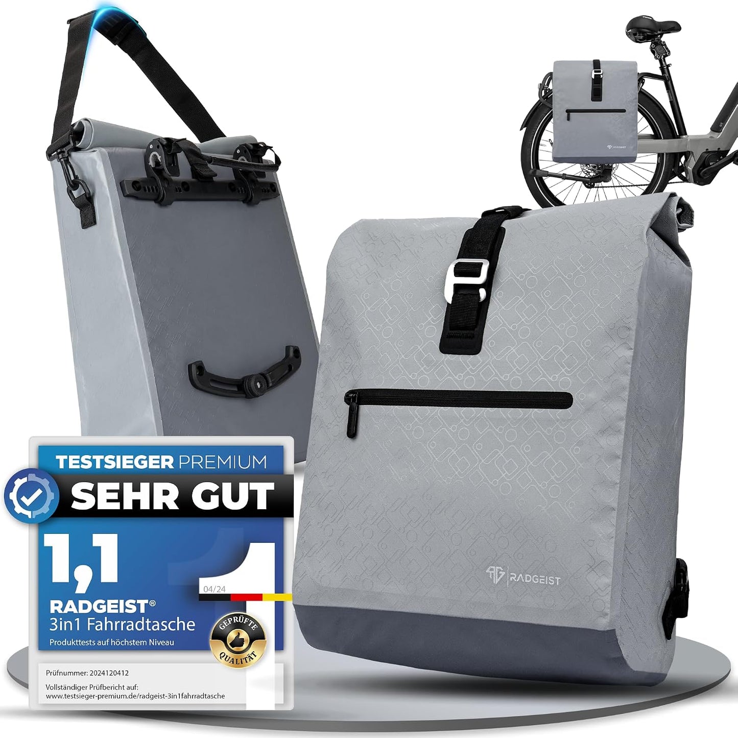 Radgeist Fietstas voor Bagagedrager 2-in-1 - Schoudertas - 100% Waterdicht - 20 Liter - Grijs