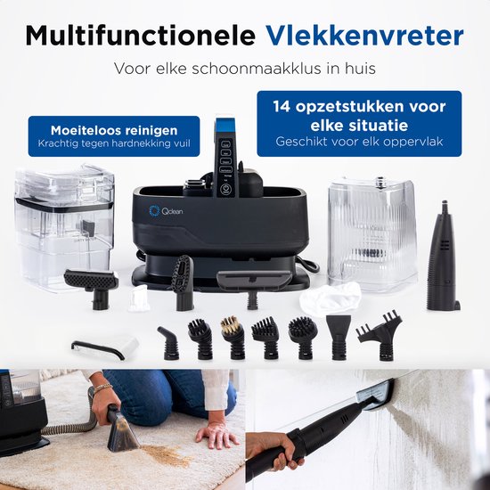 Qclean® Tapijtreiniger GO+ 1800W - All-in-1 Stoomreiniger & Vlekkenreiniger - Voor Tapijt, Meubels, Keuken & Badkamer - Zelfreinigend - Zetelreiniger - Bank reiniger- Reinigingsmachine - Waterstofzuiger - Incl. Schoonmaakmiddel