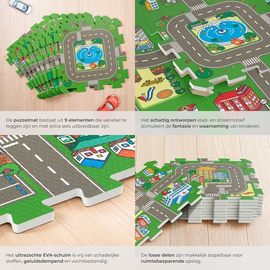 tectake® - Speelkleed - Speelmat foam - Speeltapijt baby - Stad en Wegen - 90 x 90 cm - 9-delige Puzzelmat - Antislip - Geluidsdempend en vochtwerend