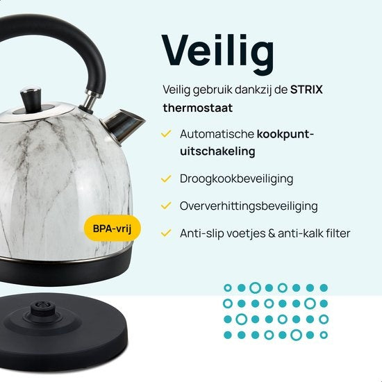 MOA Waterkoker Retro - 1.8L - RVS - BPA vrij - 2200W - 27.50x23.50x19.50 cm - Wit Marmer