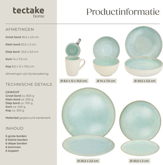 tectake® Serviesset Mare - 30-delig - Aardewerk met Glanzend Glazuur - 6 Persoons - Handgemaakt Servies - Moderne Bordenset met Grote en Kleine Borden, Kommen, Schaaltjes en Kopjes - Vaatwasser- en Magnetronbestendig - Munt