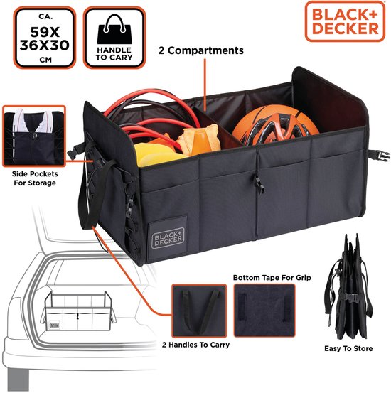 BLACK+DECKER Kofferbak Opbergbox - 59 x 36 x 30 CM - 2 Vakken - Extra Zijvakken - Met Handvatten - Zwart