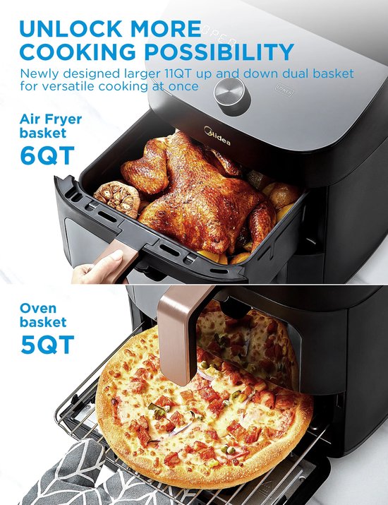 Air fryer MF-CY110A - Heteluchtfriteuse - dubbele stapel - overlappende heteluchtfriteuse - slimme wifi-synchronisatie met Alexa - 11L XL verticaal ruimtebesparend ontwerp - 10-in-1 mandgrillpan - geschikt voor 3 tot 8 personen - 2400 W