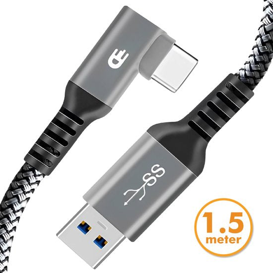 Drivv. USB naar USB C Kabel - Haaks - 2024 Model - USB C Data en oplaadkabel - Fast Charge / Snellader - 1.5 Meter Kort - Geschikt voor Samsung, iPhone 15 en Meer - Grijs
