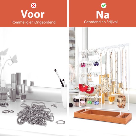 Posity Sieradenrekje – Sieradenhouder – Oorbellenrekje – Juwelen houder – Voor kettingen/armbanden/ringen/Juwelen – Hout & metaal – Wit
