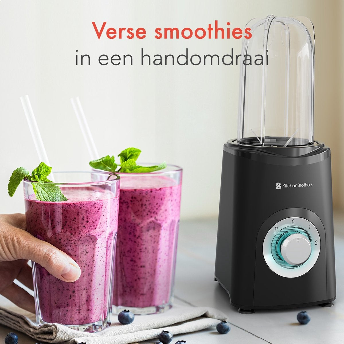 KitchenBrothers Smoothie Blender  2-in-1 - 4 Bekers Mini Blender To Go  Mini Blender  Zwart