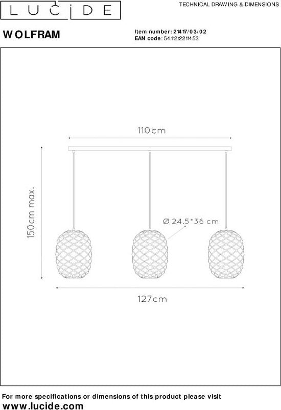 Lucide Wolfram Industriële Hanglamp – 3 Lichtpunten – Verstelbare Hoogte 40–155 cm – LED Geschikt – 110 × 25 × 150 cm – Mat Goud / Messing