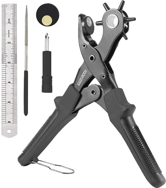 SolidStock Professionele Gaatjestang voor riem - Inclusief Meetlat - Ponstang - Revolvertang - Zwart