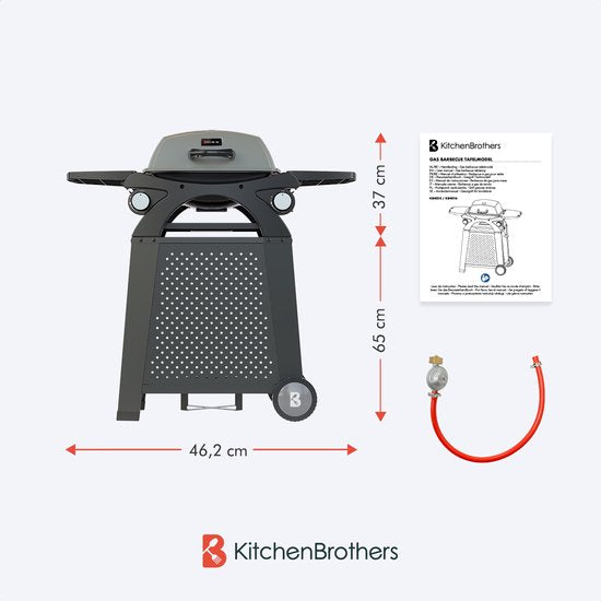 KitchenBrothers Gas BBQ - Staand en Tafelmodel Barbecue - Tafelbarbecue - Anti-aanbaklaag - 37x48 cm Grilloppervlak - Zwart