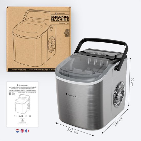 KitchenBrothers IJsblokjesmachine - 1.2L - IJsklontjes maker - IJsschep – 12kg/24 uur – Draagbaar – Zelfreinigingsfunctie - RVS