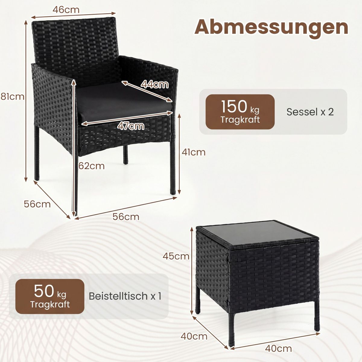 Coast 3-delige tuinset - 2 stoelen en tuintafel - handgevlochten rattan - zwart