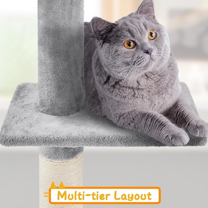 Yaheetech Plafond Krabpaal 226-265,5 cm - Lichtgrijs - Verstelbare Kattenboom met Kattenhuis en 5 Niveaus