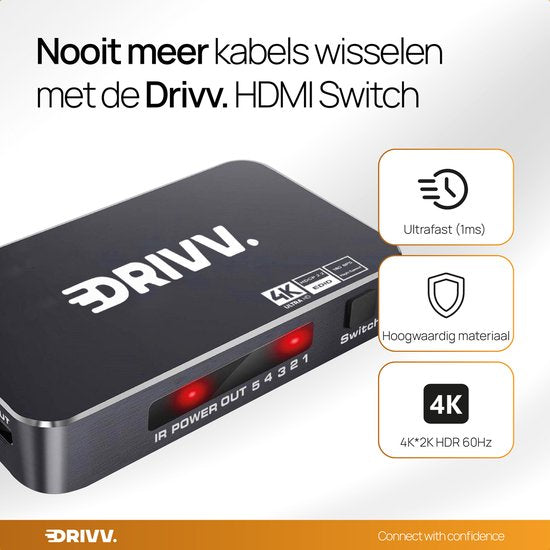 Drivv. HDMI Switch 4K 60Hz – 5 ingangen 1 uitgang - Incl Afstandsbediening - Automatisch Schakelen - Ondersteunt 720p/1080p/4K/3D - Zwart