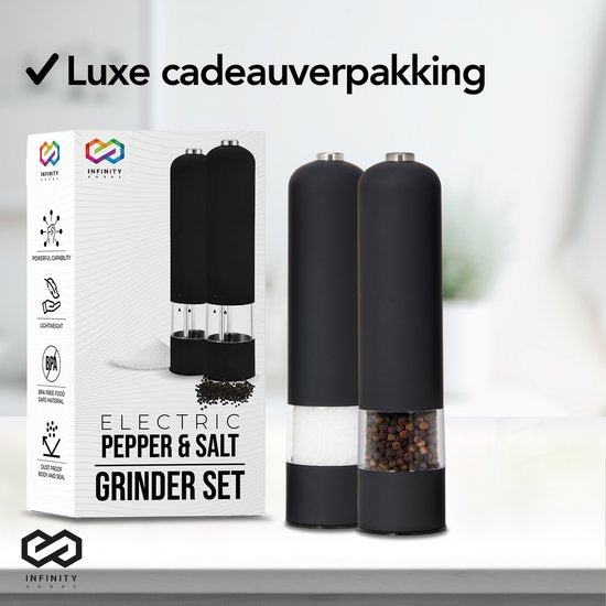 Infinity Goods Elektrische Peper- En Zoutmolen Set - Pepermolen - Zoutmolen - Verstelbare Maalgraad - Kruidenmolen - Zwart