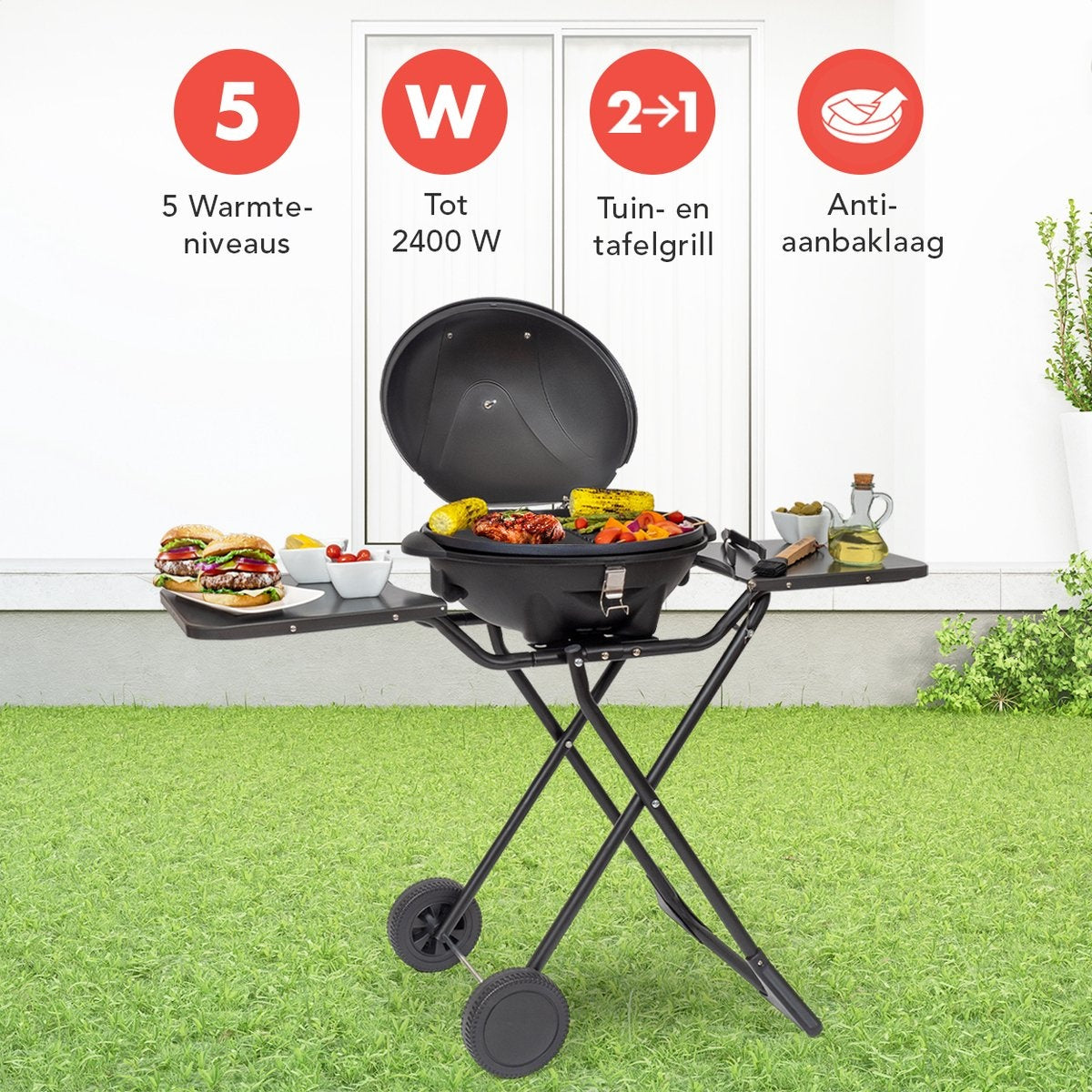 KitchenBrothers Elektrische BBQ - met Wielen - Opvouwbaar - Anti-aanbaklaag - 46,5 x 33,8cm - tot 250°C - 2400W - Zwart
