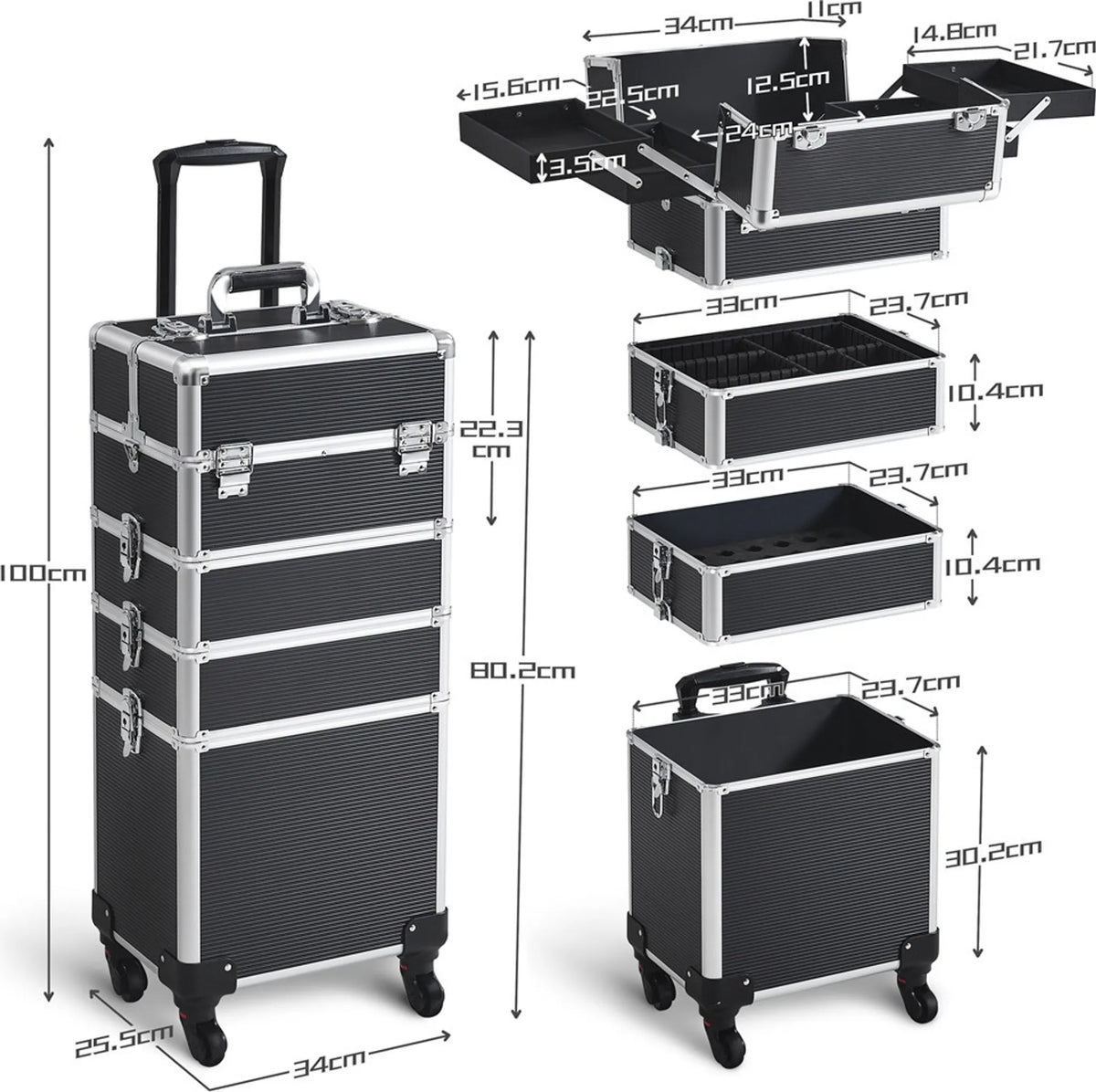Yaheetech 5-in-1 Make-upkoffer op wielen - Afsluitbaar - 34 x 25,5 x 80,5 cm - Zwart