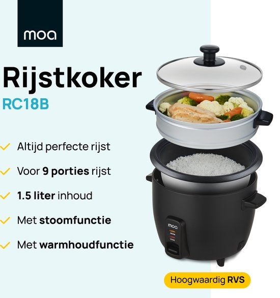 MOA Rijstkoker met Stomer 1,5 liter - Zwart - RC18B