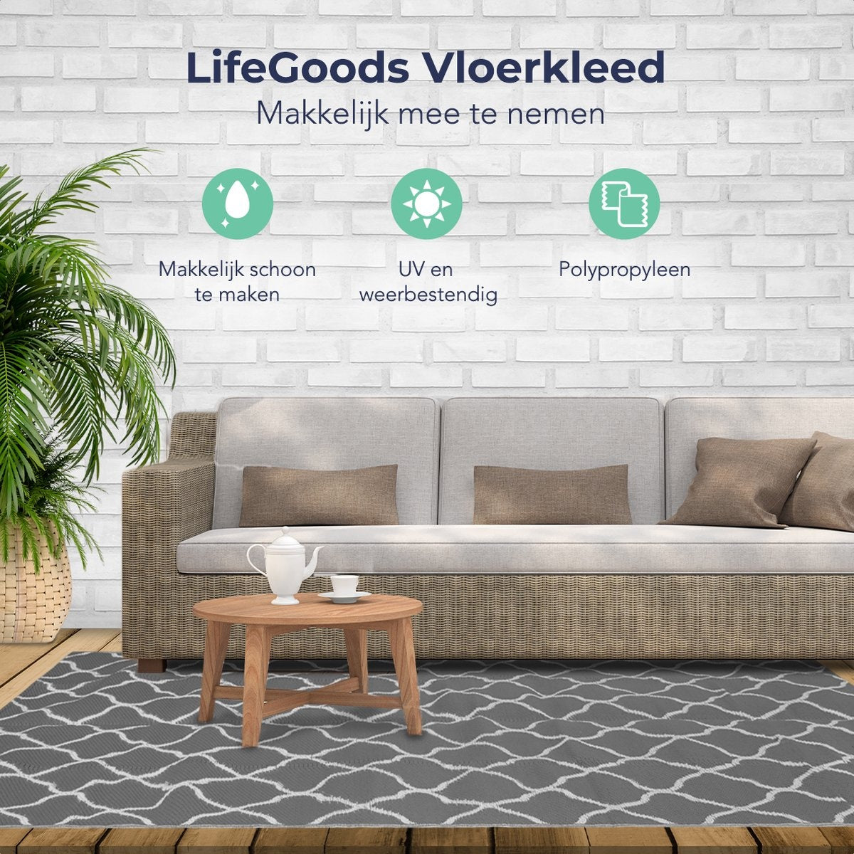 LifeGoods Buitenkleed - 152x230CM - Vloerkleed - Tuintapijt - Buitentapijt - Omkeerbaar - Incl. Draagtas - Met Patroon - Grijs/Wit
