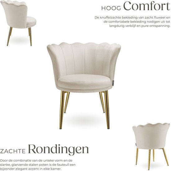 tectake® Fauteuil Stella - Kuipstoel met armleuning – Comfortabele Eetkamerstoel – Keukenstoel – Dikke vulling – Voor woonkamer en eetkamer – Met fluwelen bekleding - crème/goud