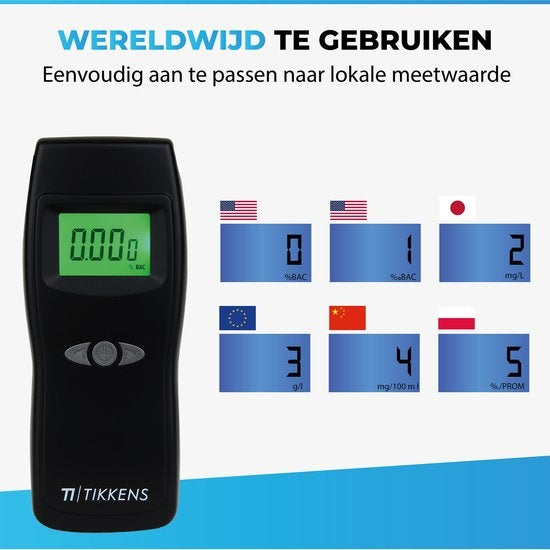 TIKKENS® Digitale Alcoholtester - Geschikt voor Frankrijk, Nederland, België, ... - Alcoholtest - USB Oplaadbaar - Blaastest Alcohol - 10 Extra Mondstukjes - Zwart