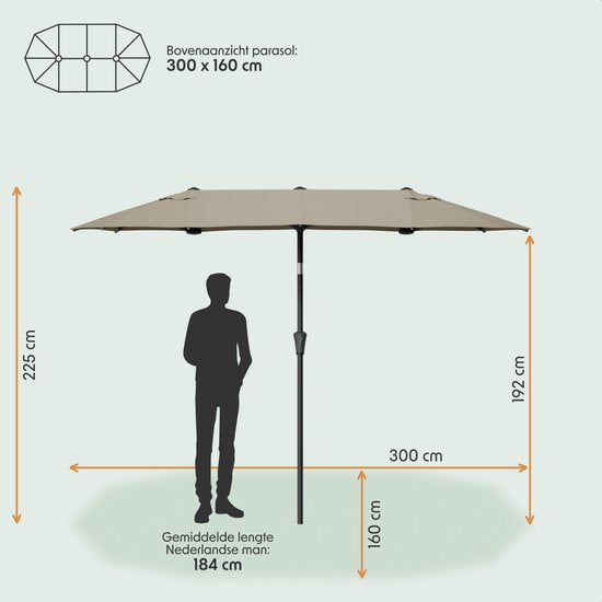 LifeGoods Dubbele Parasol - Tuin - 160x300cm - tot 8 Personen - Waterdicht - UPF50+ - Taupe