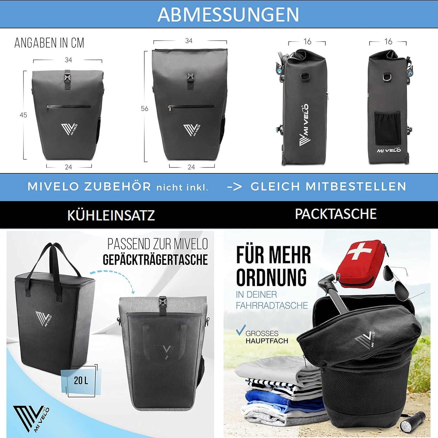 MIVELO Fietstas – Waterdicht – 25L – Met Laptopvak & Schouderriem – Grijs