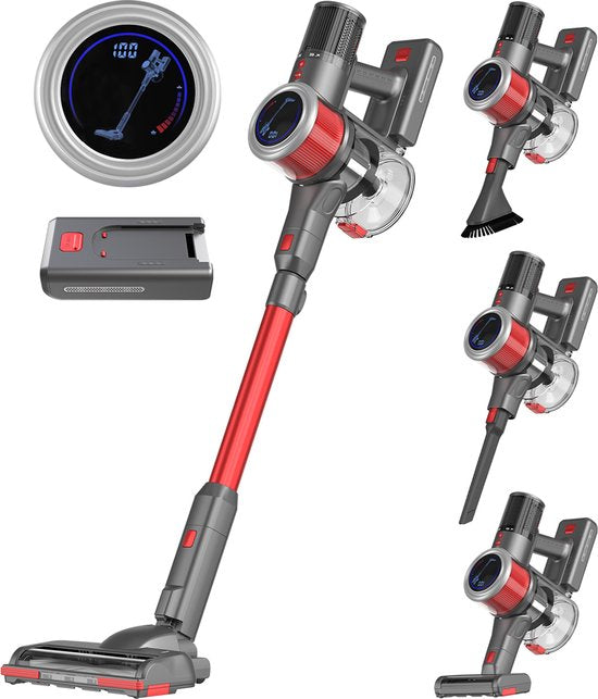 Auronic Draadloze Steelstofzuiger – 350W Krachtige Motor – Extra Accu – Tot 45 min Gebruik – Lichtgewicht & Wendbaar – Rood/Grijs