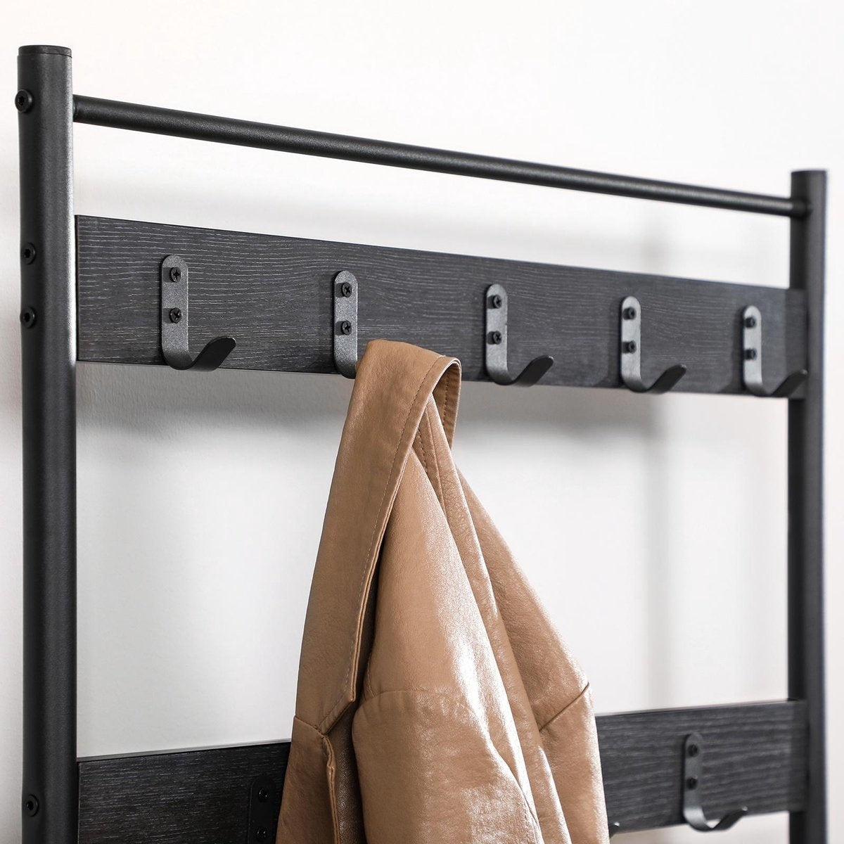 O'DADDY® kapstok staand - kapstok met schoenenrek - 9 haken 2 laags schoenenrek 6 paar - garderoberek - 70 x 32 x 175 cm - kapstok zwart / donkergrijs