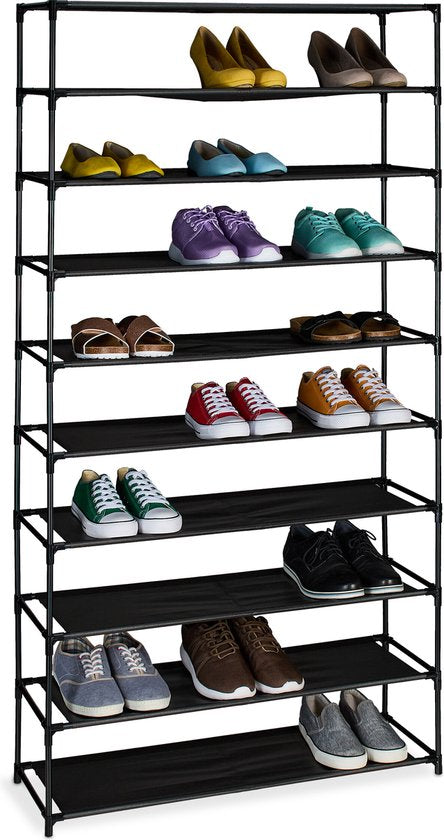 schoenenrek hoog - 10 lagen - metaal - stof - 83 cm breed - zwart