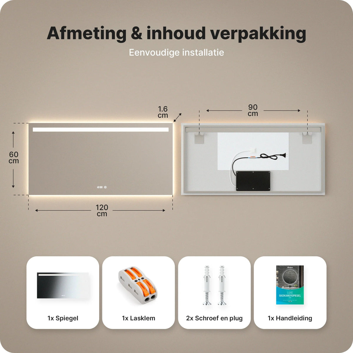 Mirlux Badkamerspiegel - 120 x 60 cm - Frameloos - LED en Anti-condens