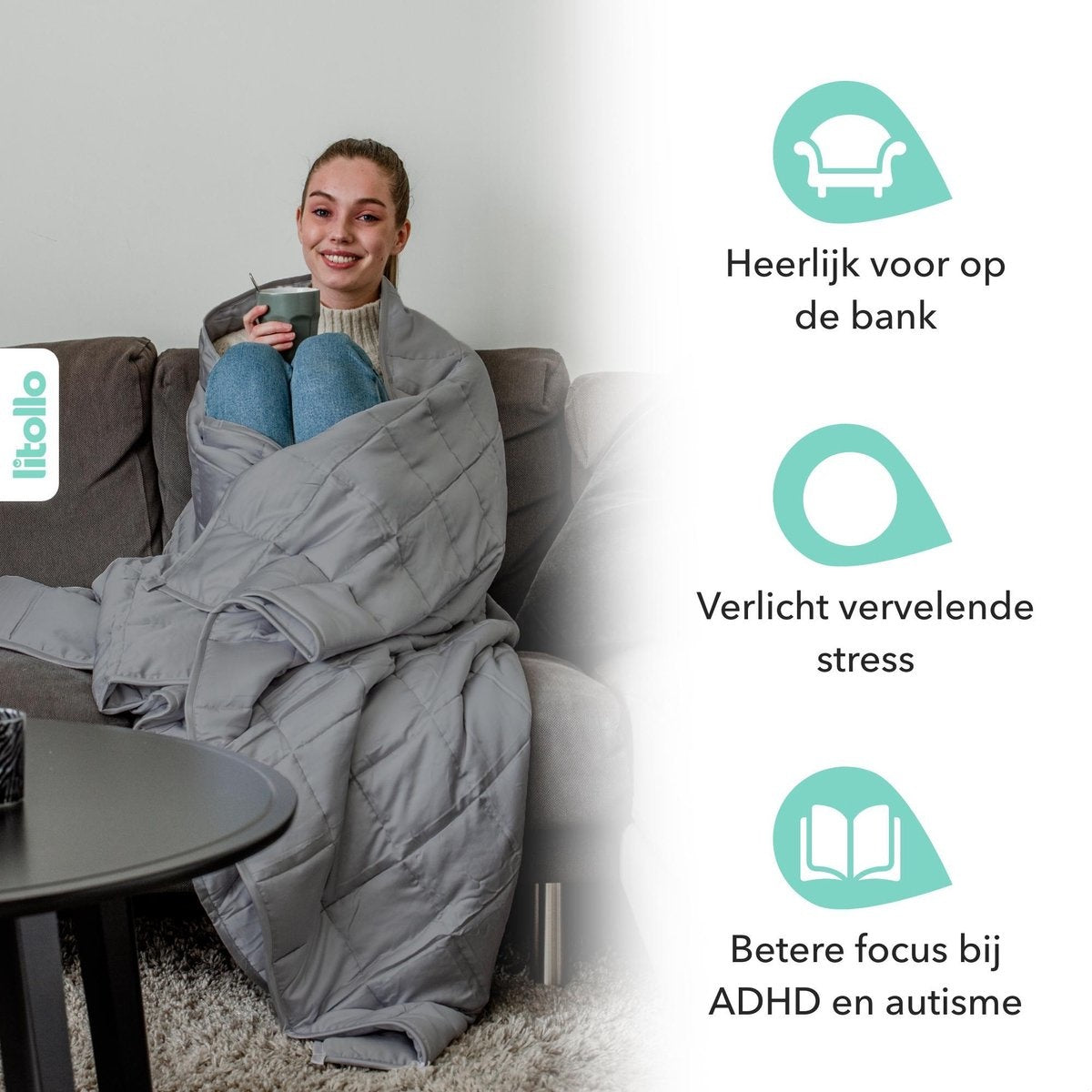 Litollo Verzwaringsdeken 7 kg - Weighted blanket 150x200 cm - Grijs Zwaartedeken eenpersoons - Verzwaringsdekens te gebruiken met eigen dekbedovertrek - Verzwaarde deken - 4 seizoenen - Gewichtsdeken