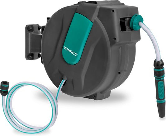 VONROC Wandslangenbox – Incl. 25m tuinslang, aansluitslang, spuitstuk, koppelingen & kraanaansluiting – Automatisch oprolsysteem
