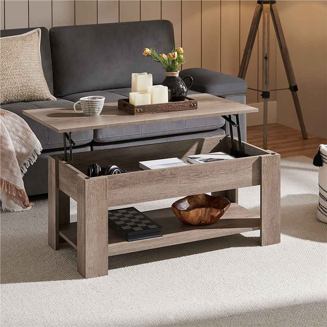 Yaheetech Salontafel met Lift-Top – Grijs – 98 x 50 x 41,8/56 cm – In hoogte Verstelbaar met Opbergruimte