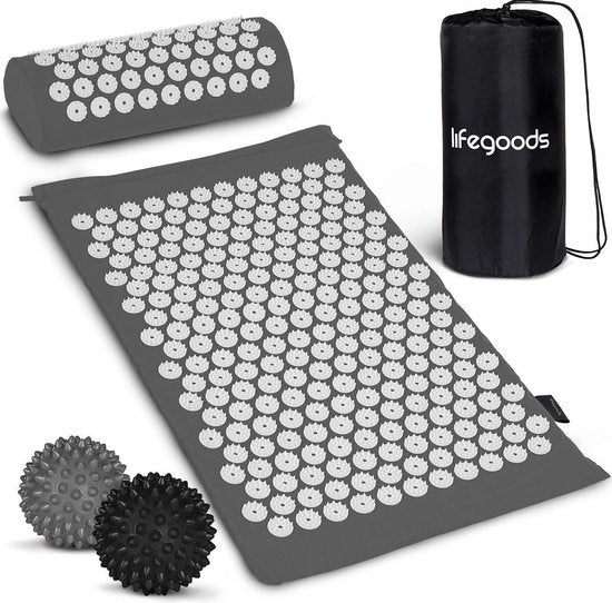 LifeGoods Acupressuur Mat met Kussen - Shakti mat - Spijkermat Incl. 2x Triggerpoint Bal - 66x40x2cm - Grijs/Wit