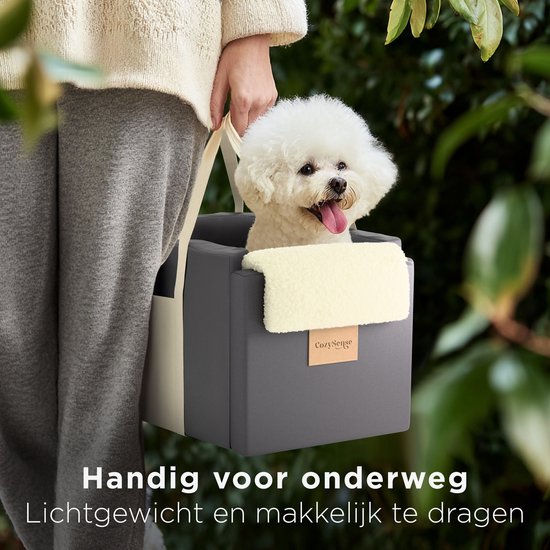 CozySense® Honden Autostoel - Hondenmand Auto met Wasbare Hoes - Voor Kleine Hond - Past in Middenconsole - Ook als Draagtas - Zwart/Beige