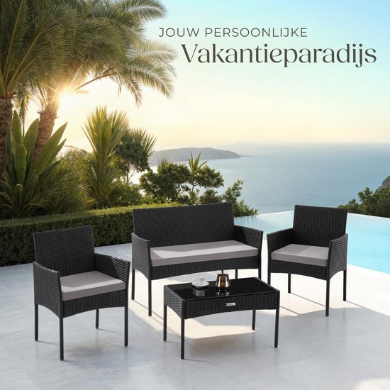 tectake® - Wicker tuinset Palese - Zitgroep voor 4 personen - Tuinmeubelset met loungebank, tuintafel en 2 tuinstoelen inclusief zitkussens - Tuinmeubelen - Waterafstotend - Zwart