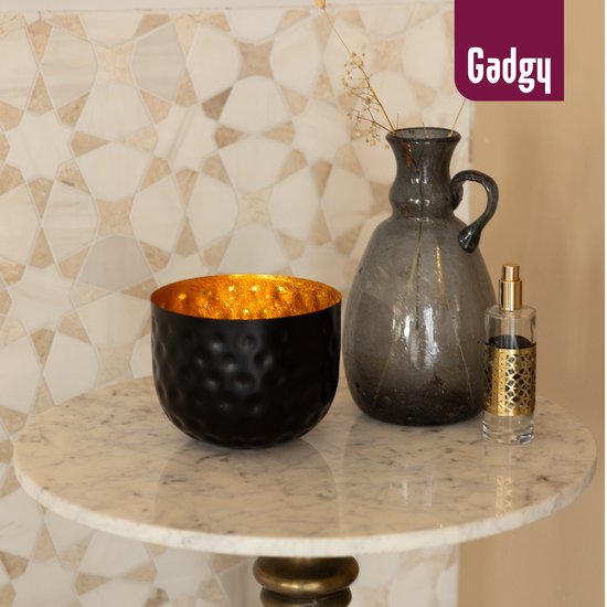 Gadgy Waxinelichthouder Rond - Theelichthouders - Decoratie Woonkamer - Sfeerverlichting Binnen - Kaarsenhouders voor Waxinelichten 14x15 cm - Windlicht Metaal - Zwart/Goud - Cadeau voor Vrouw