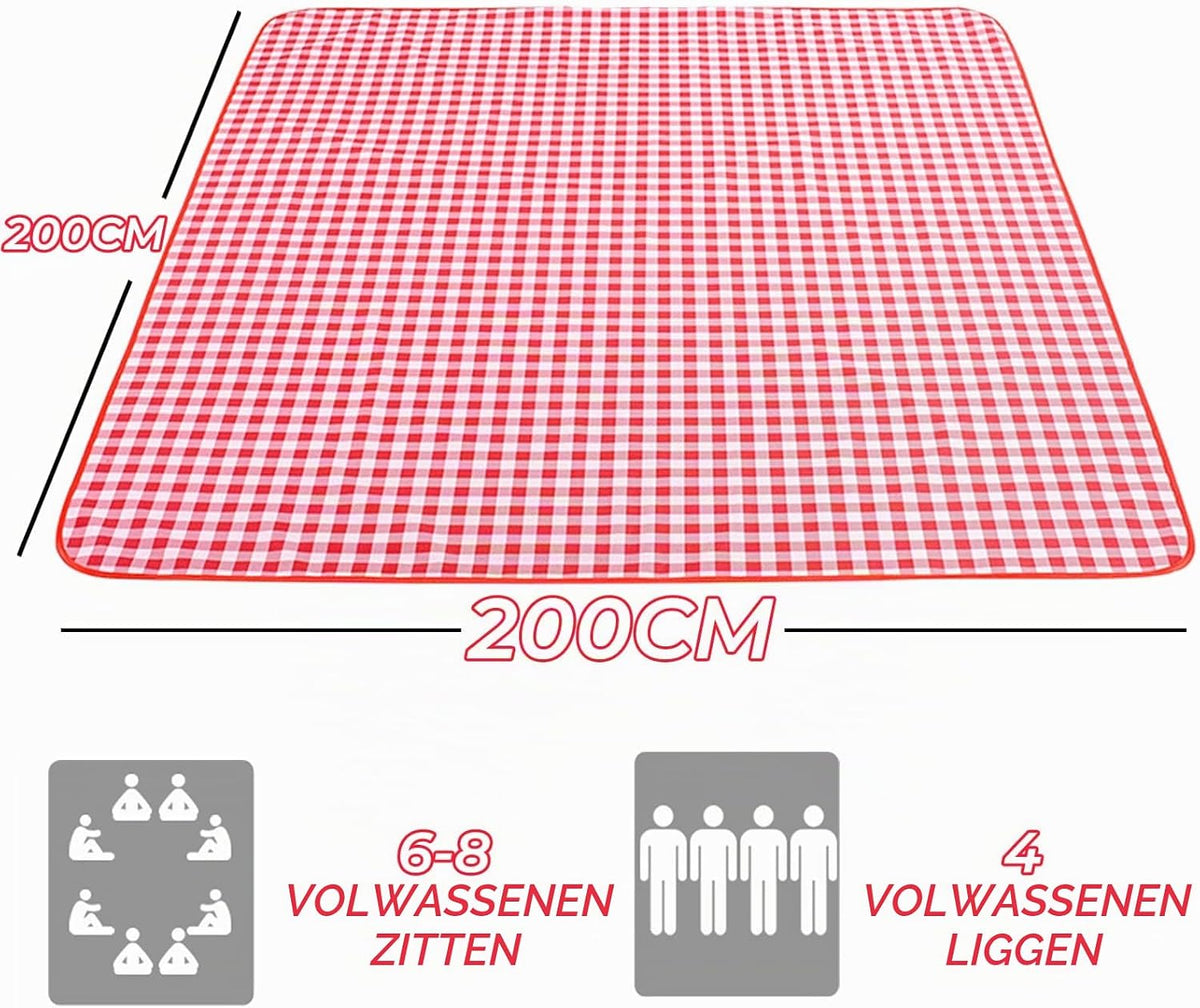 XXL Picknickdeken met waterdichte onderkant - 200 x 200 cm - Met draaggreep - Rood-wit