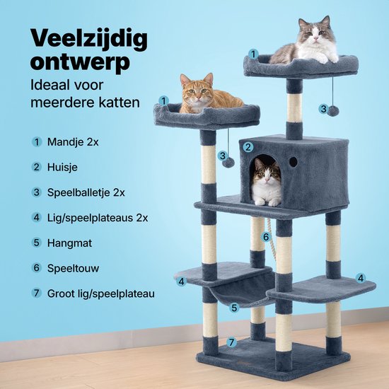 Jake en Jacky Krabpaal voor Katten - Kattenkrabpaal - Krabmeubel - Kattenboom - Krabpalen - Kattenhuis - Donkergrijs - 147 cm Hoog