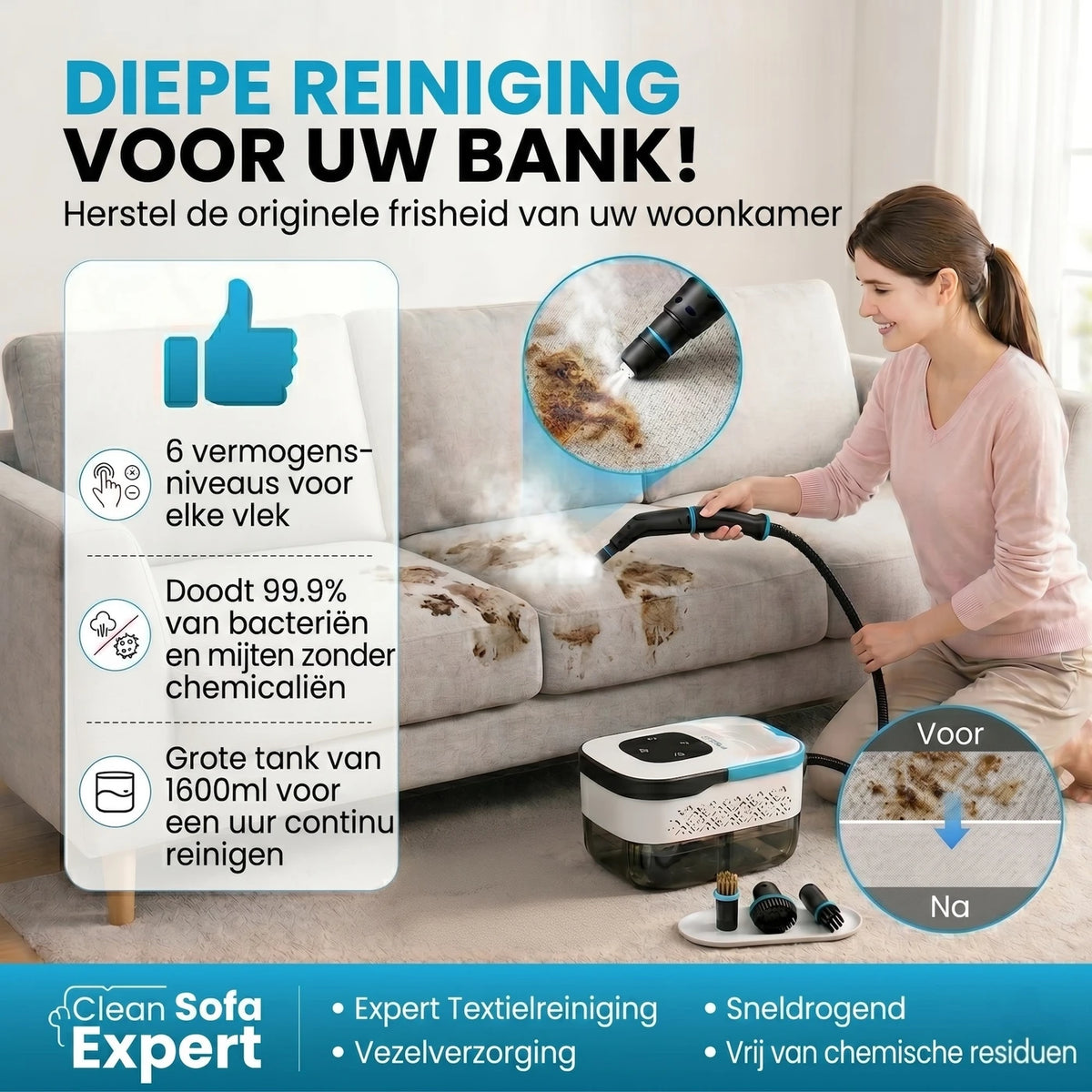 Monsga Stoomreiniger 1500 W – 3,5 Bar – 1,6 L – 15 sec Opwarmtijd – Wit