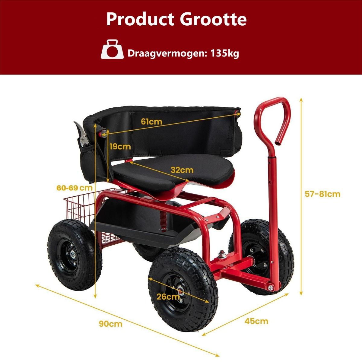 Coast Tuinwagen met rolzitting - uittrekbare handgreep - opbergruimte - rood