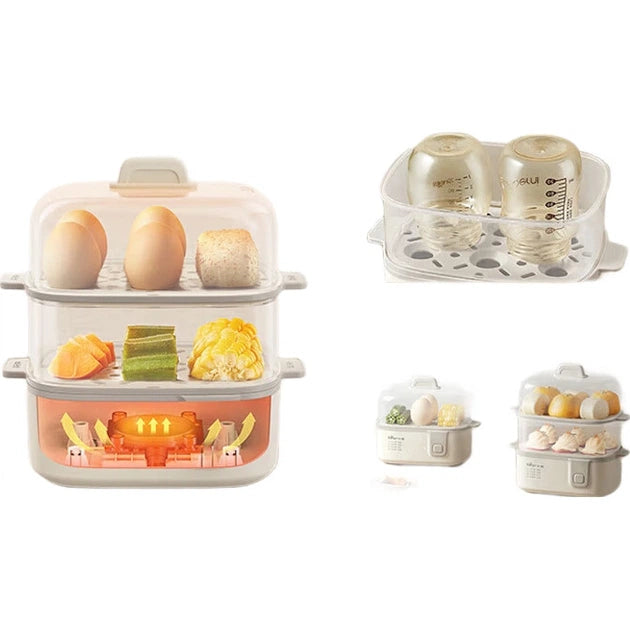 BEAR Elektrische Eierkoker & Stoomkoker ZDQ-D12R3 - 2 Niveaus - 270 W - 2-3 L - 21 x 13 x 23 cm - Beige